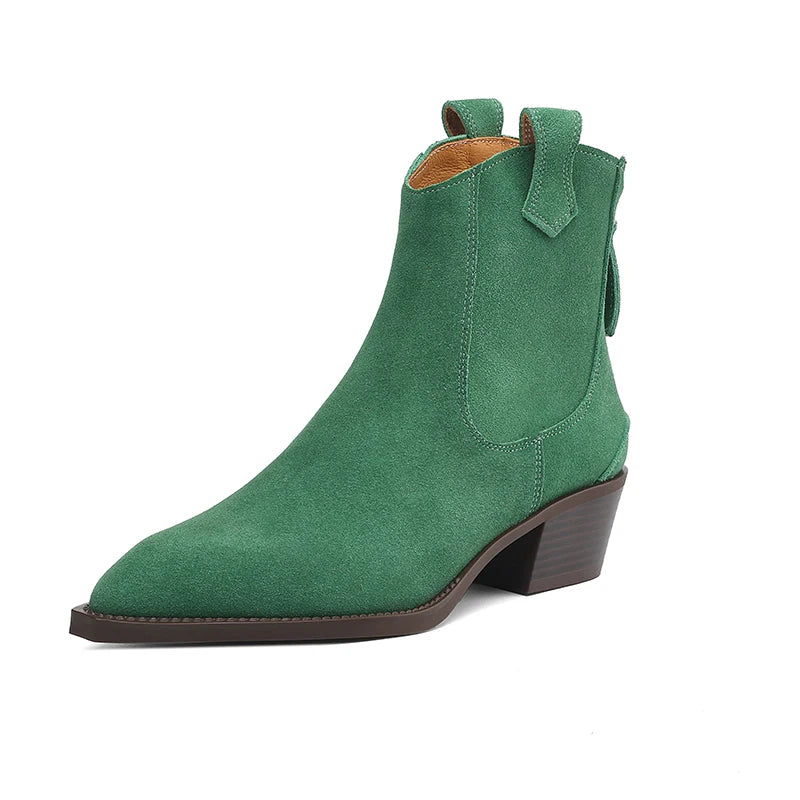 New 2025 Trend Autumn Cow Suede Women Western Boots Black Brown Khaki Chocolate Green Burgundy Pointed Toe Ladies Ankle Boots