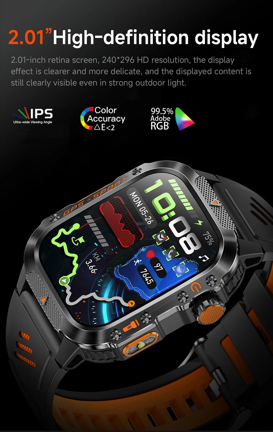 Military GPS Smartwatch Men | 2.01" AMOLED Flashlight Bluetooth 3ATM Waterproof