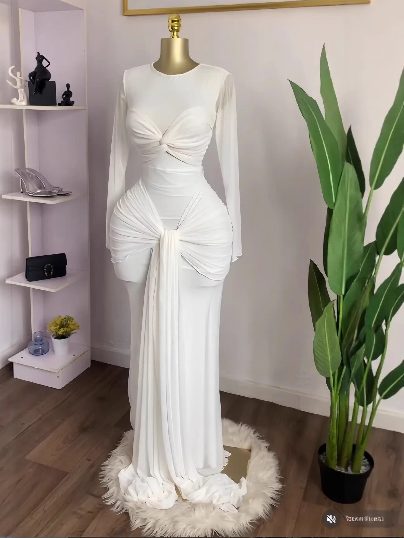 Mesh Maxi Dress with Bow-knot - Elegant Long Sleeve Sheer Dress for Women