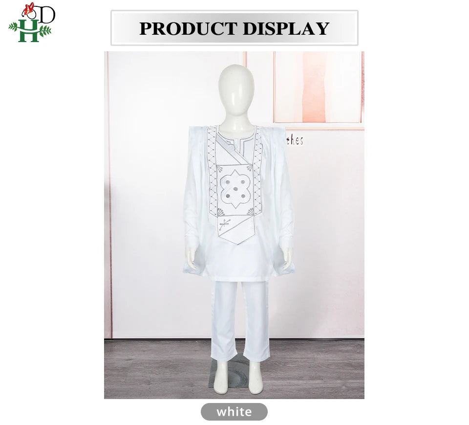 Boys White Blue Long Sleeve Tops Embroidery Dashiki Robe Shirt And Pant Set 3 PCS