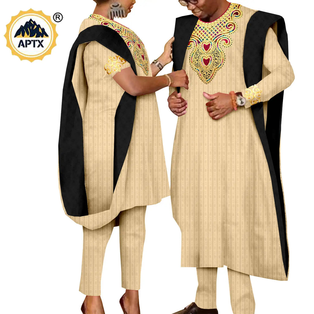 African 3 Pieces Suit for Men Matching Couple Outfits Agbada Dashiki Women Muslim Sets Bazin Riche Applique Robes Asoebi Y23C029