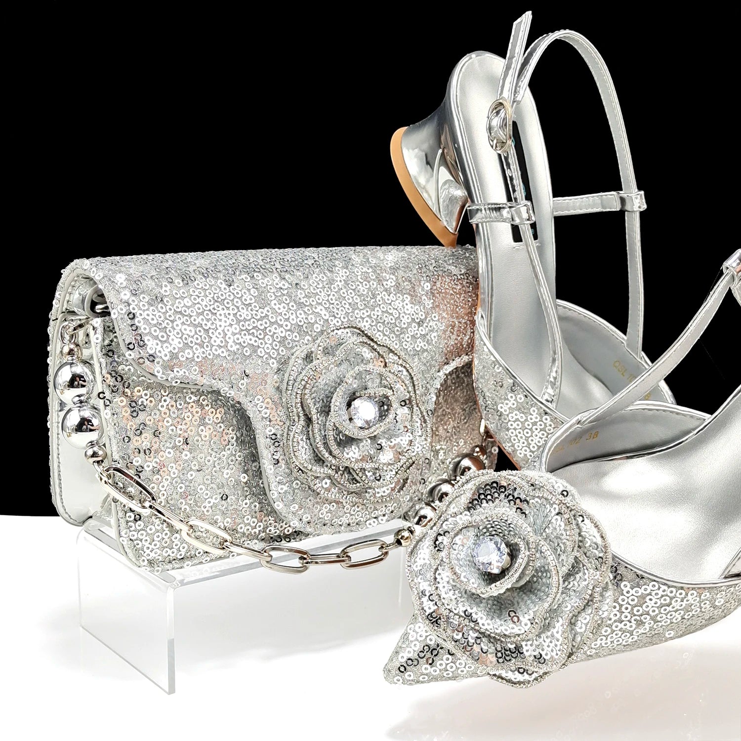 Elegant Rhinestone Flower Design Style White Color Party Wedding Pointed Toe Women Shoes and Bag Set