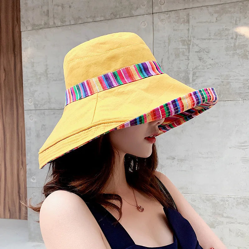 Hat Women's Summer Big Edge Double-Sided Sunshade Bucket Hat Korean Version Versatile Ethnic Style Travel Sun Protection Cap