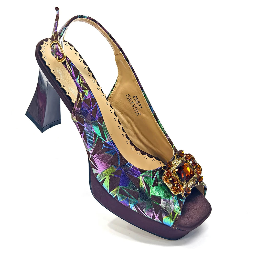 Elegant Women Heels for Peep Toe Good Material Design Rhinestone Fuchsia Sandals Italian Shoes and Bags