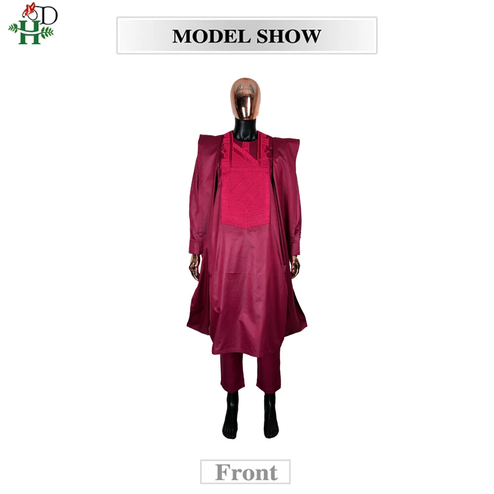 African Dresses For Couple Burgundy Traditional Men 3PCS Embroidered Outfit Set Sequin Floral Mermaid Robe Wedding Party Dress
