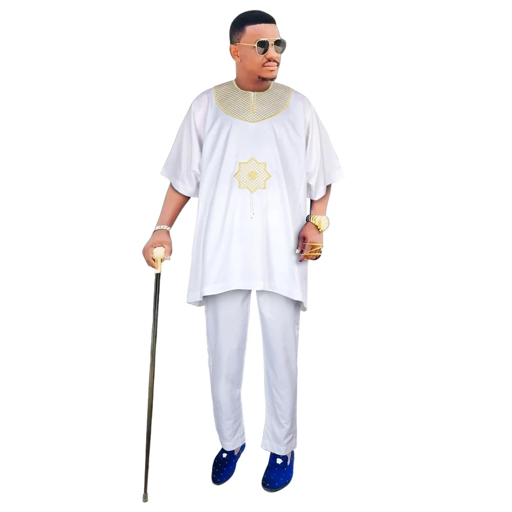 African Clothes for Men 2 Pieces Set Blue Embroidered Tops and Pants Traditional Clothing Rich Bazin