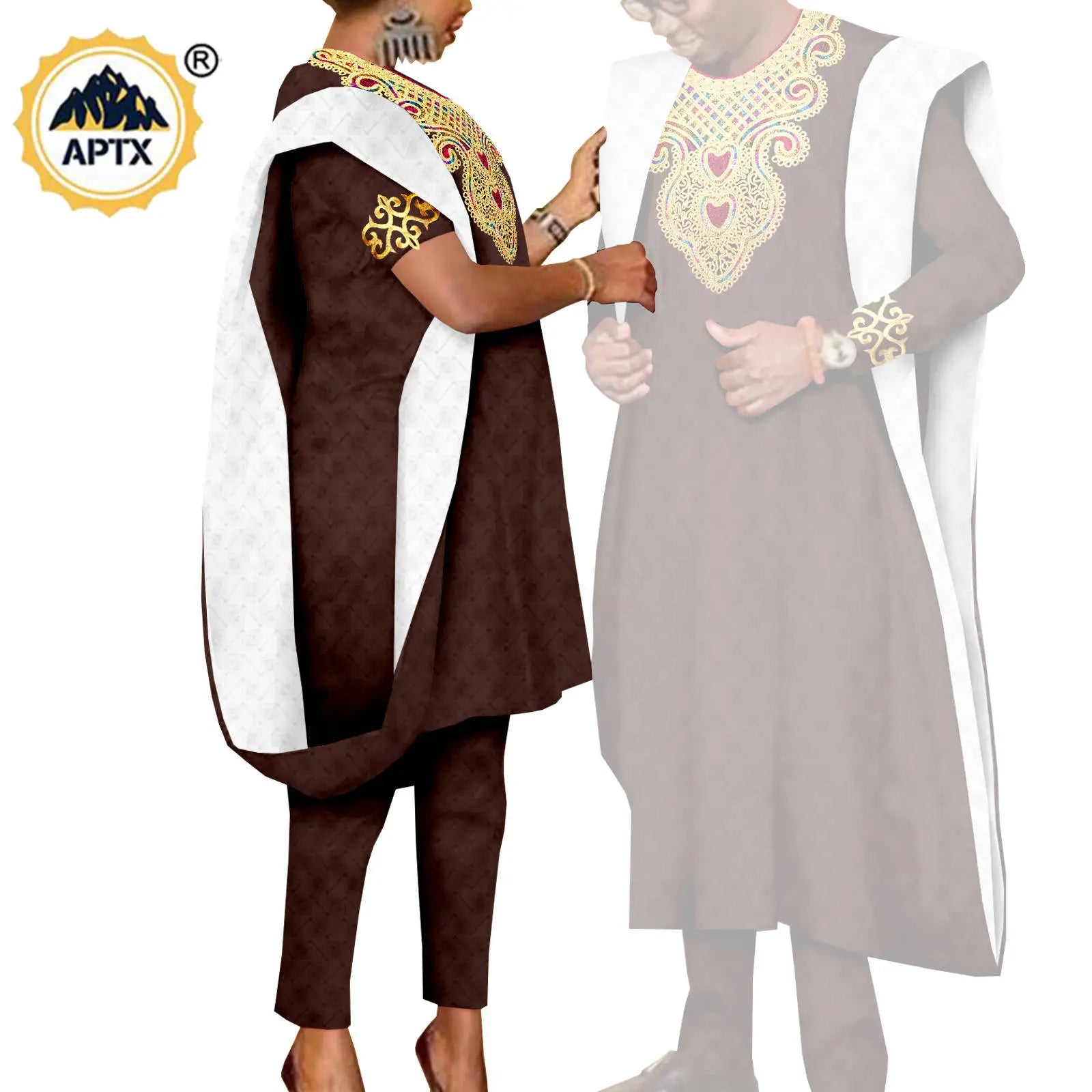 African 3 Pieces Suit for Men Matching Couple Outfits Agbada Dashiki Women Muslim Sets Bazin Riche Applique Robes Asoebi Y23C029
