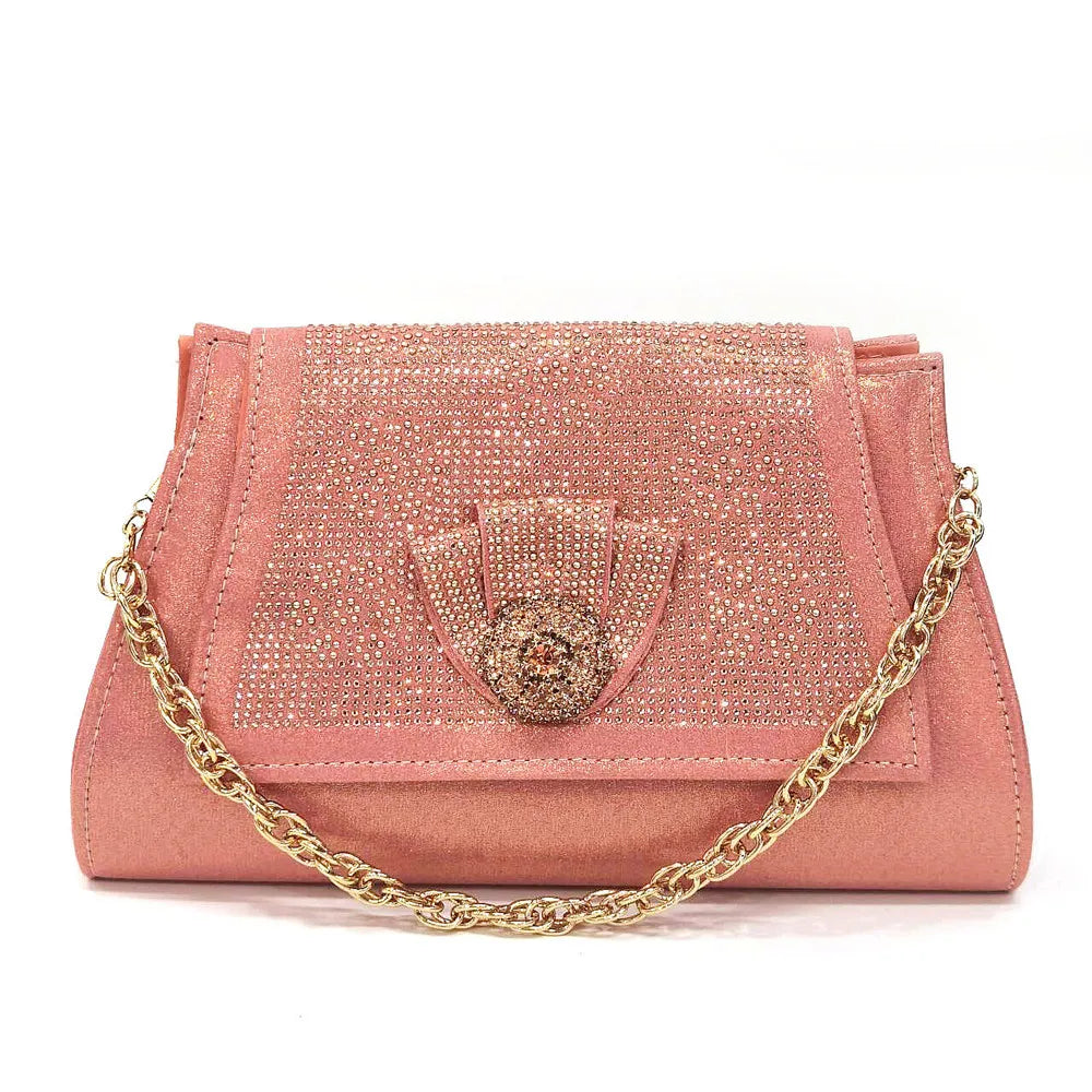 Italian Design Girly Style Golden Color Wedding Shoes And Bag Full Diamond Decoration Metal Closure Bags