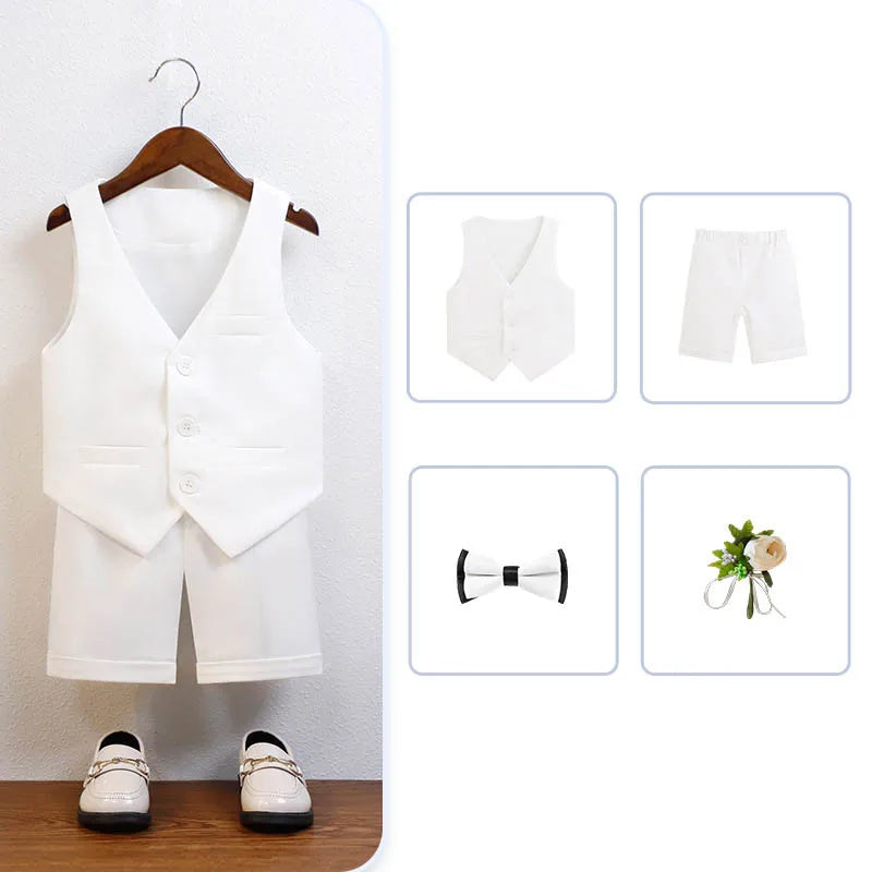 Children Green White Baptism Photography Suit Kids Vest Shirt Shorts Bowtie