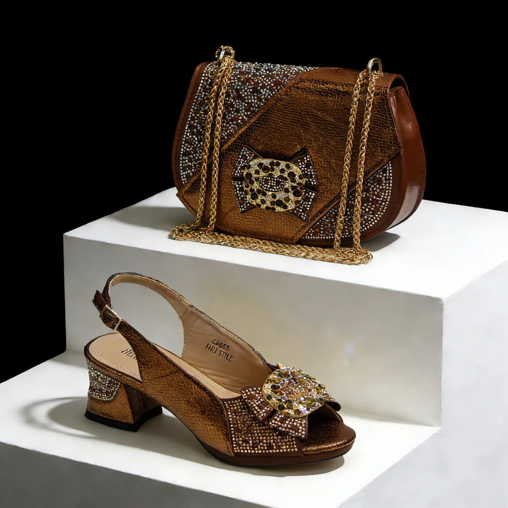 Women Elegant Orange High Heel Shoe and Matching Bag Set with Rhinestone Accents Stylish Peep Toe Design for Party
