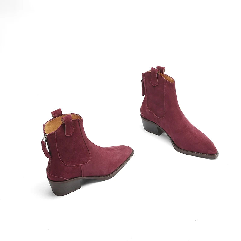 New 2025 Trend Autumn Cow Suede Women Western Boots Black Brown Khaki Chocolate Green Burgundy Pointed Toe Ladies Ankle Boots