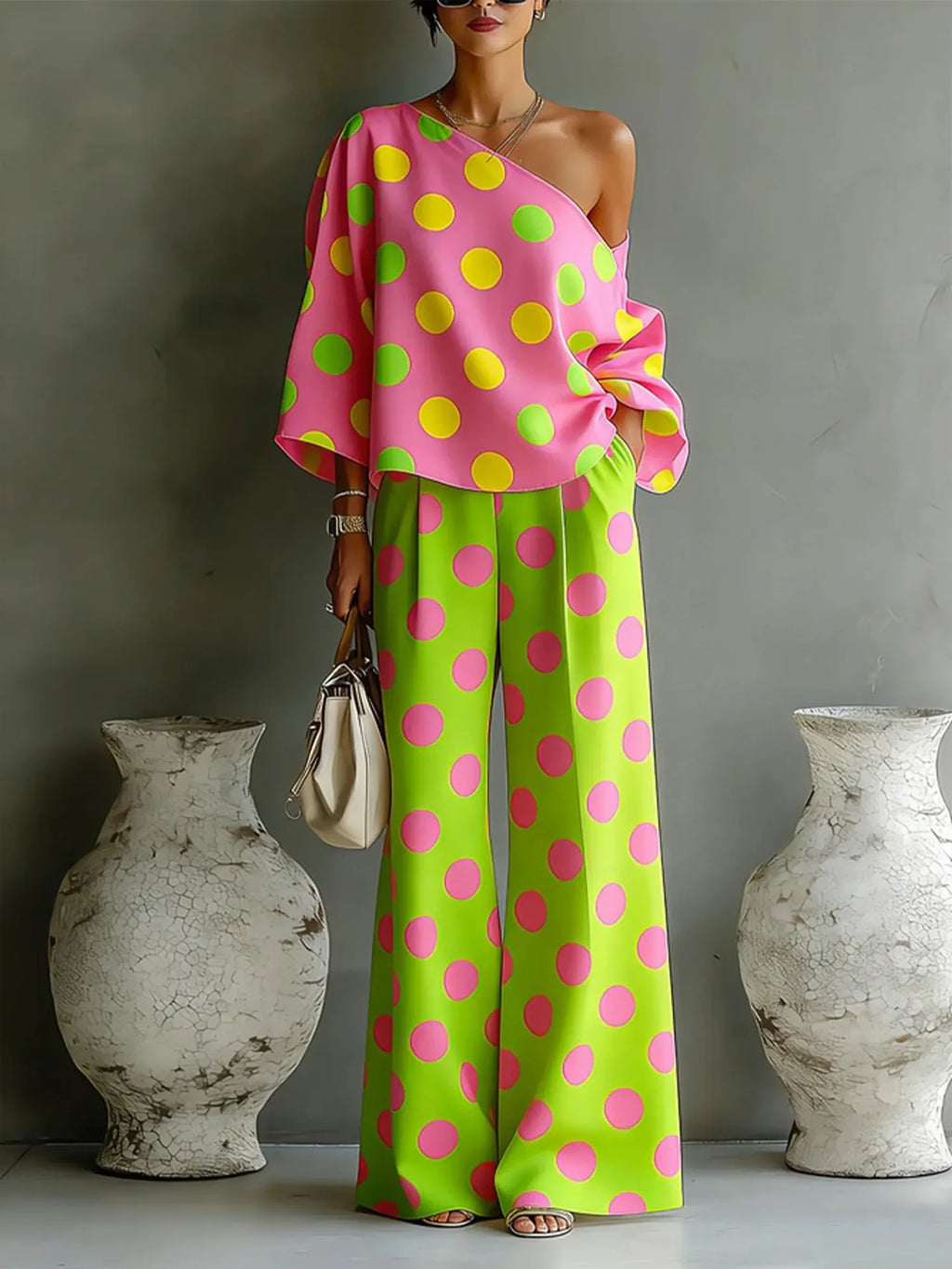 Summer Color Wave Point Set Women Slant Shoulder Open Back Top+High Waist Wide Leg Pants Vacation Style Loose 2 Piece Suit