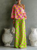 Summer Color Wave Point Set Women Slant Shoulder Open Back Top+High Waist Wide Leg Pants Vacation Style Loose 2 Piece Suit