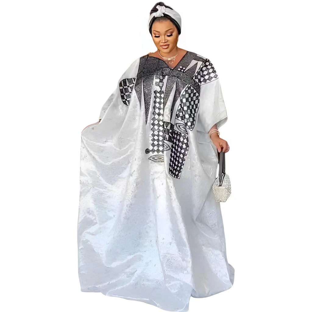 African Dress For Women's Plus Size Dress Bazin Riche Embroidery Floor Long Dress With Scarf