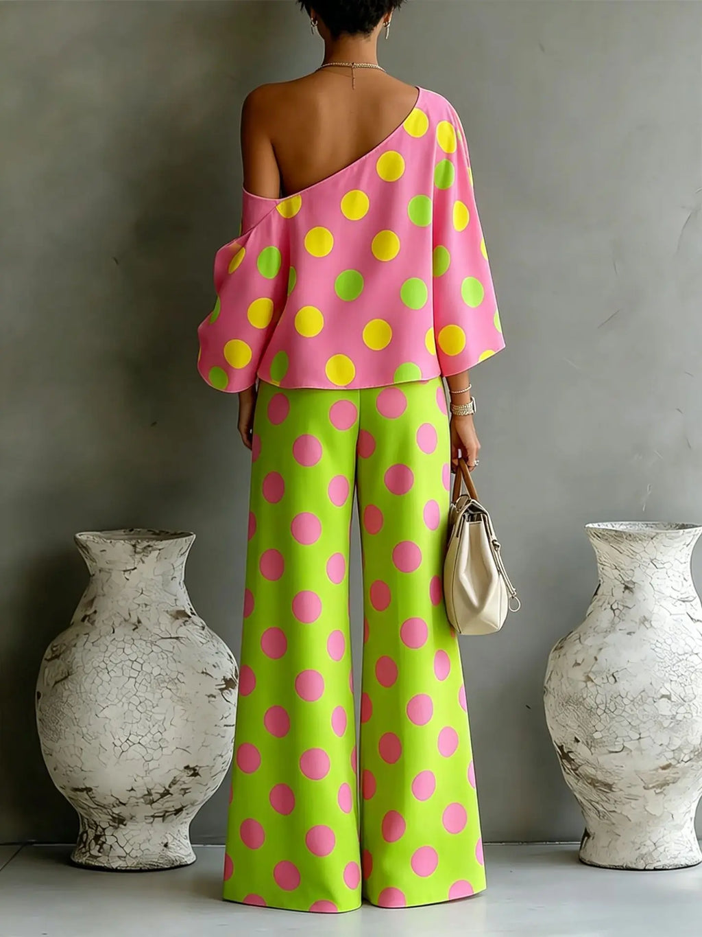 Summer Color Wave Point Set Women Slant Shoulder Open Back Top+High Waist Wide Leg Pants Vacation Style Loose 2 Piece Suit