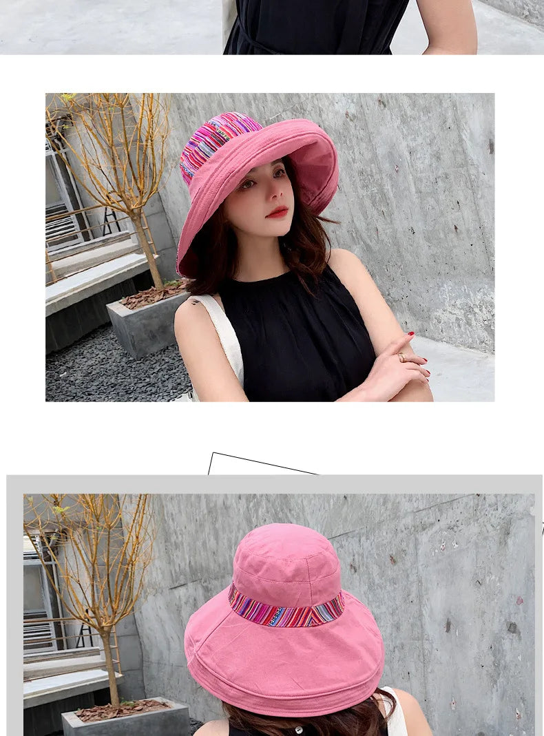 Hat Women's Summer Big Edge Double-Sided Sunshade Bucket Hat Korean Version Versatile Ethnic Style Travel Sun Protection Cap