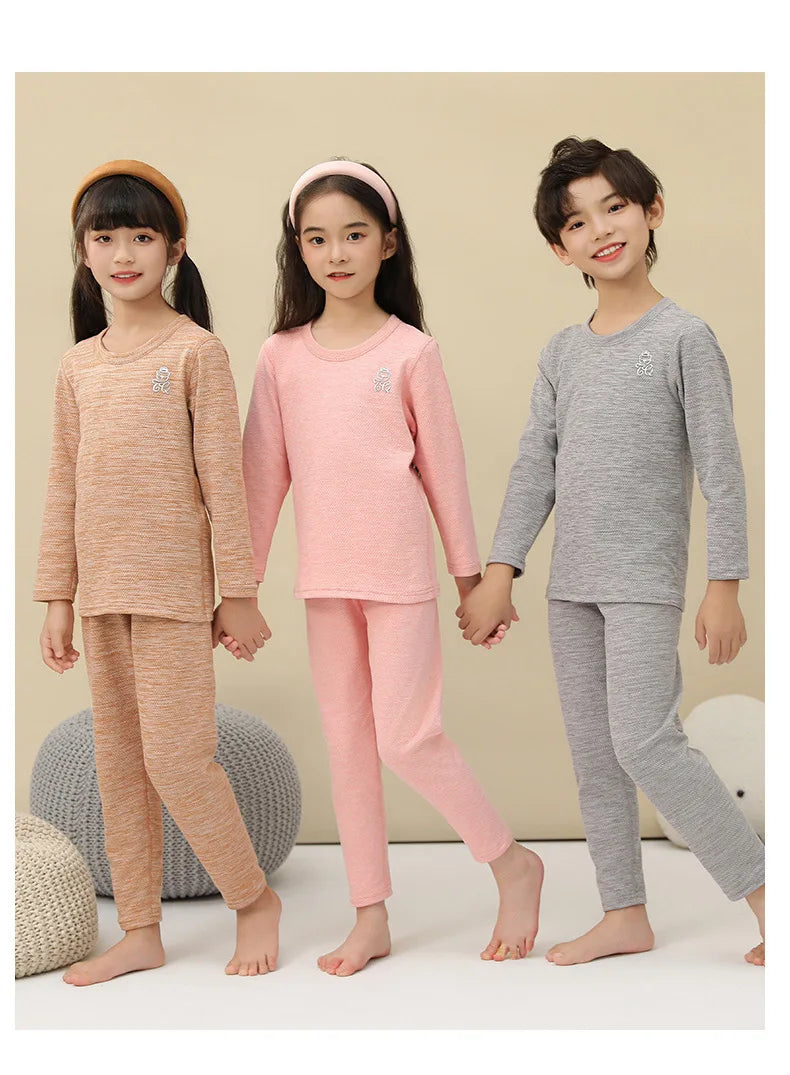 Boys Thermal Fleece Thermal Underwear 37°C Constant Temperature Warm Two-Piece Winter Pajamas Set Unisex Kids Long Johns for Ages 7-13