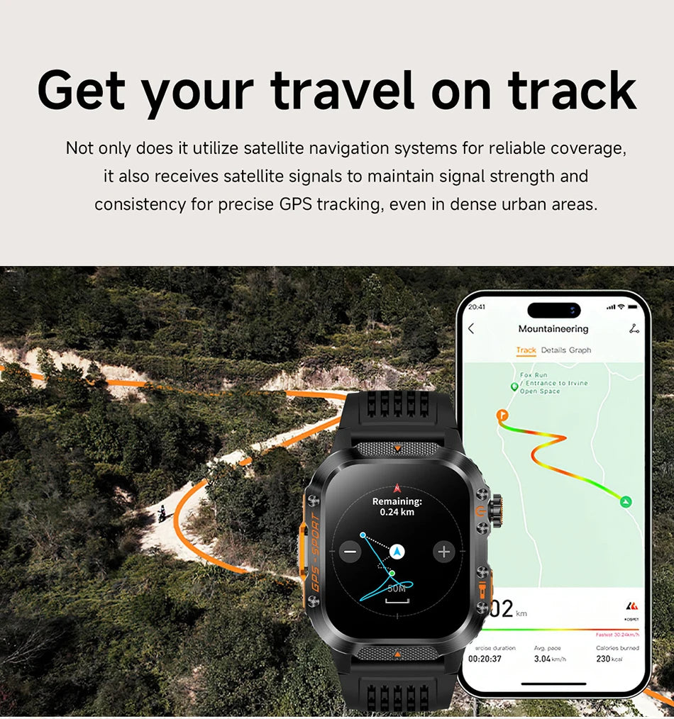 Military GPS Smartwatch Men | 2.01" AMOLED Flashlight Bluetooth 3ATM Waterproof