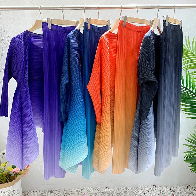 EGRM Gradient Pleated Set Drawstring Slim Full Sleeved Top and High Waisted Wide Leg Pants 2 Piece Sets for Women 2023 New 8RM91