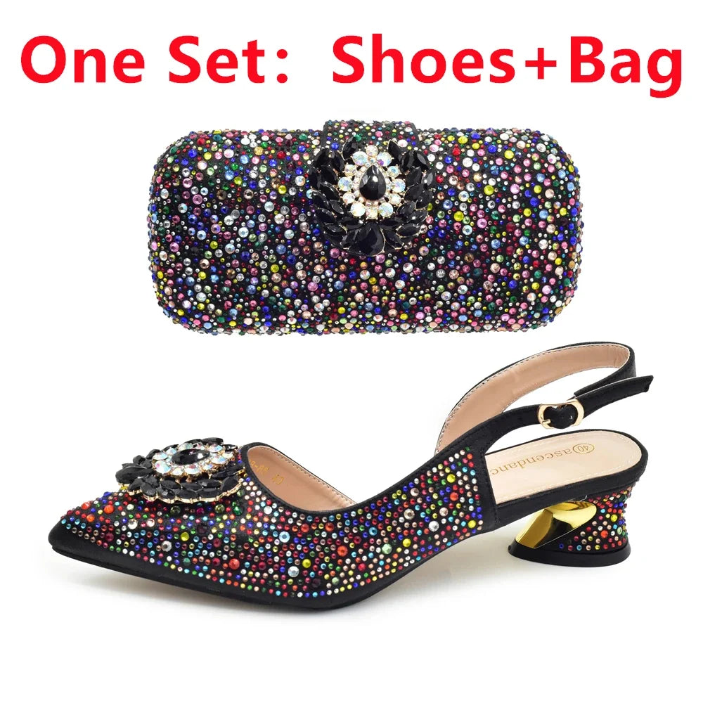 Elegant Italian Women's Rhinstone Pumps Heels Shoes and Bag Set To Match for