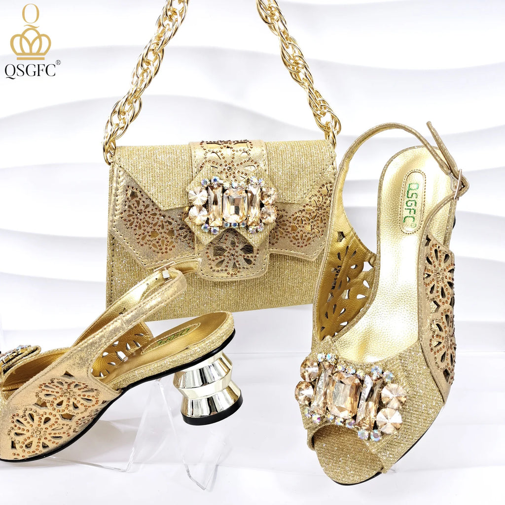 Newest Design Metal and Rhinestone Design Style Party Wedding Peep Toe High Heel Lady Shoes and Bag Set in Teal Blue Color