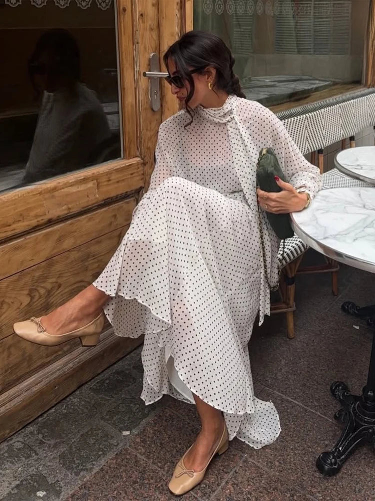 Polka Dot Skirt 2 Piece Set Women Casual High Collar Tie Full Sleeves Elastic High Waist Long Skirt Suit Lady Daily Outfit New