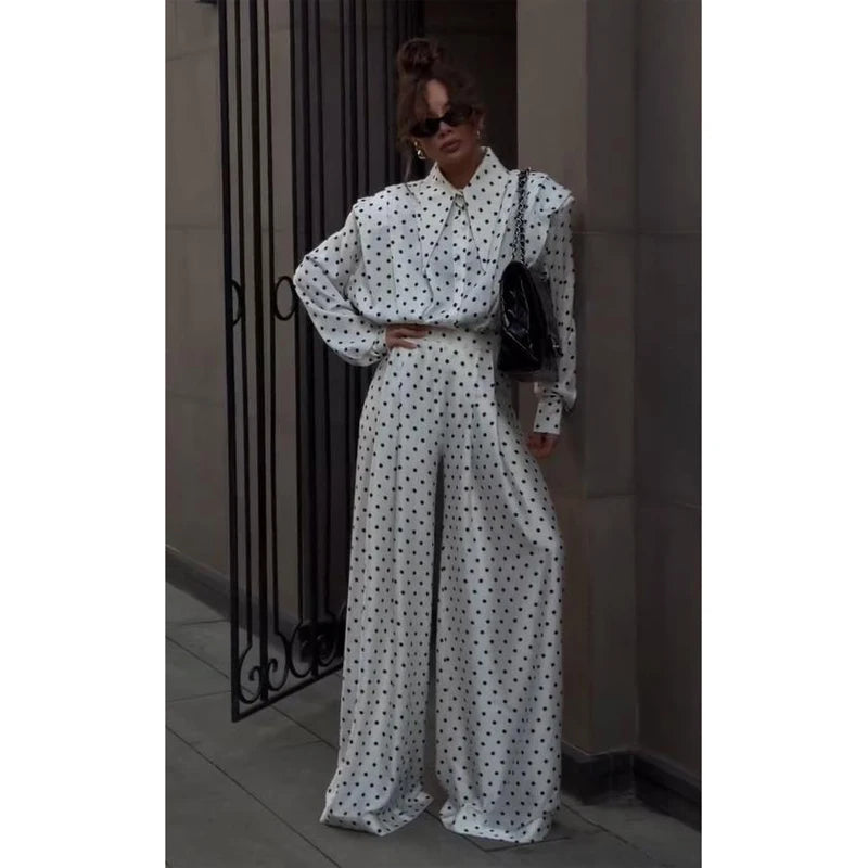 Polka Dot Skirt 2 Piece Set Women Casual High Collar Tie Full Sleeves Elastic High Waist Long Skirt Suit Lady Daily Outfit New