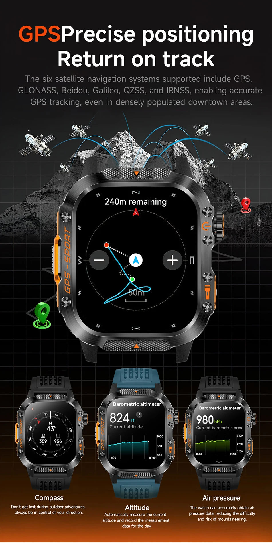 Military GPS Smartwatch Men | 2.01" AMOLED Flashlight Bluetooth 3ATM Waterproof