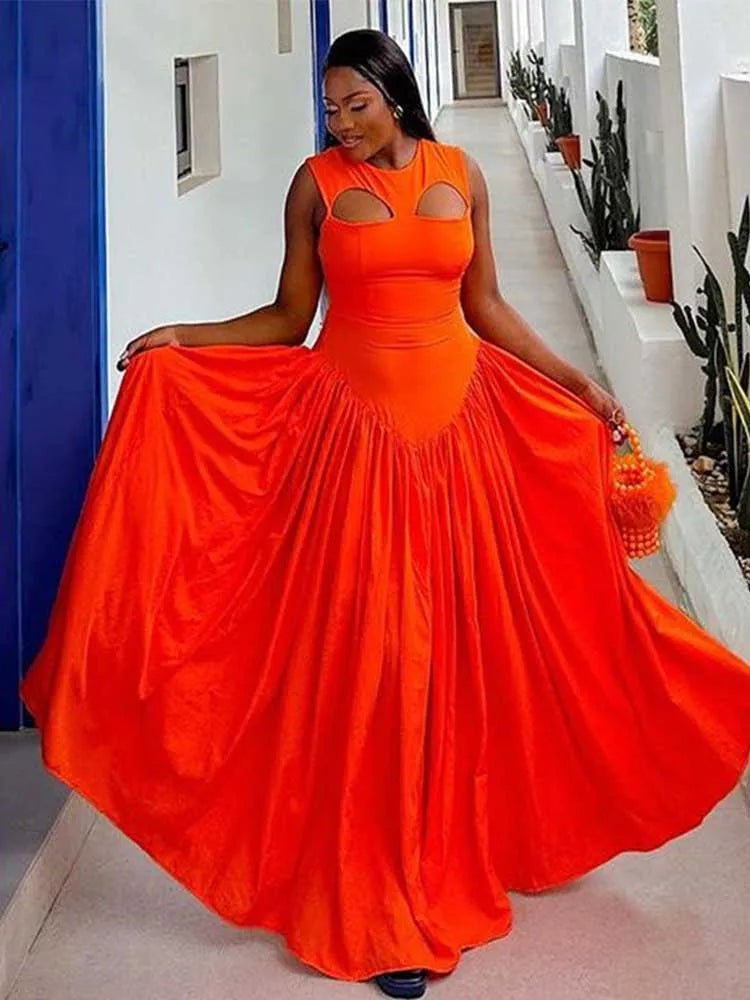 Women's Hollow Out Knitted Maxi Beautiful Orange Elegant Party Dress