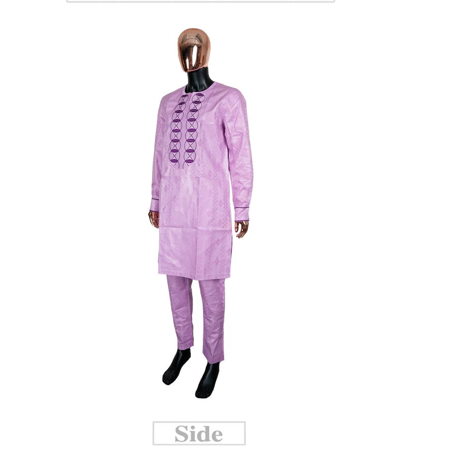 Men's African Agbada 2-Piece Set | Purple Bazin Riche Embroidery Suit | Wedding & Party