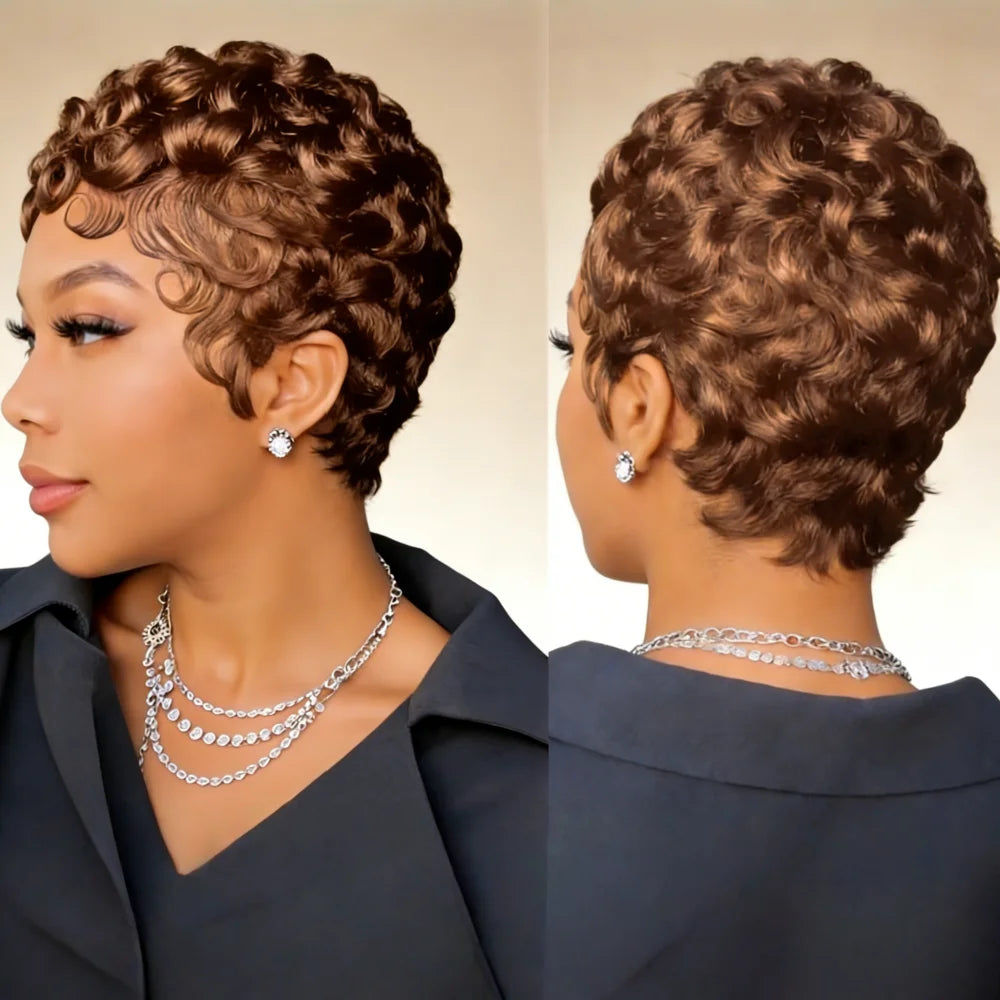 6-Inch Remy Human Hair Pixie Curly Wave Wig with Bangs | 150% Density Full Machine Made Wig, Easy To Wear for Daily Use & Partie
