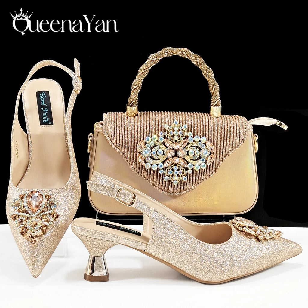 Italian Design Girly Style Silver Color Pointed Toe Wedding Shoes And Bag Full Diamond Decoration Handle Bag