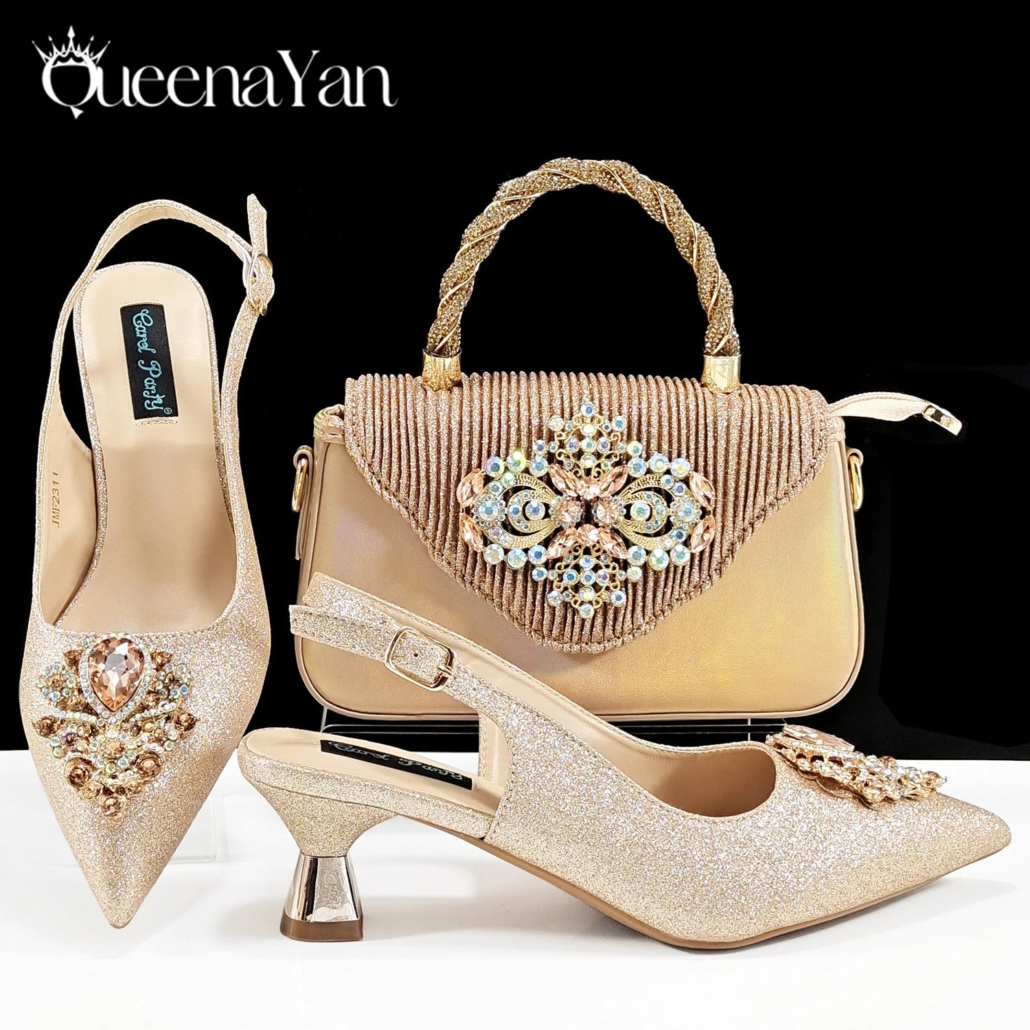 Italian Design Girly Style Silver Color Pointed Toe Wedding Shoes And Bag Full Diamond Decoration Handle Bag