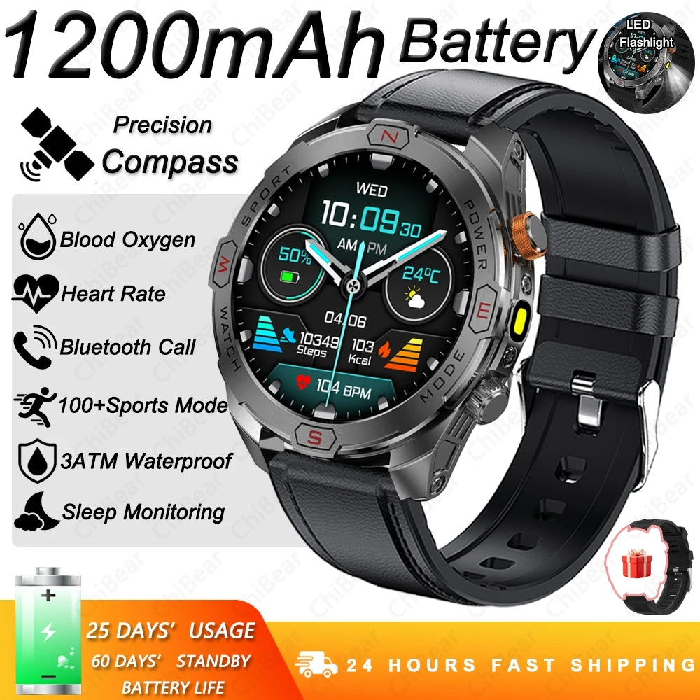 Military Grade 1200 mAh Battery Smart Watch Men LED Flashlight Outdoor Sports Fitness Tracker Compass Bluetooth Call Smartwatch