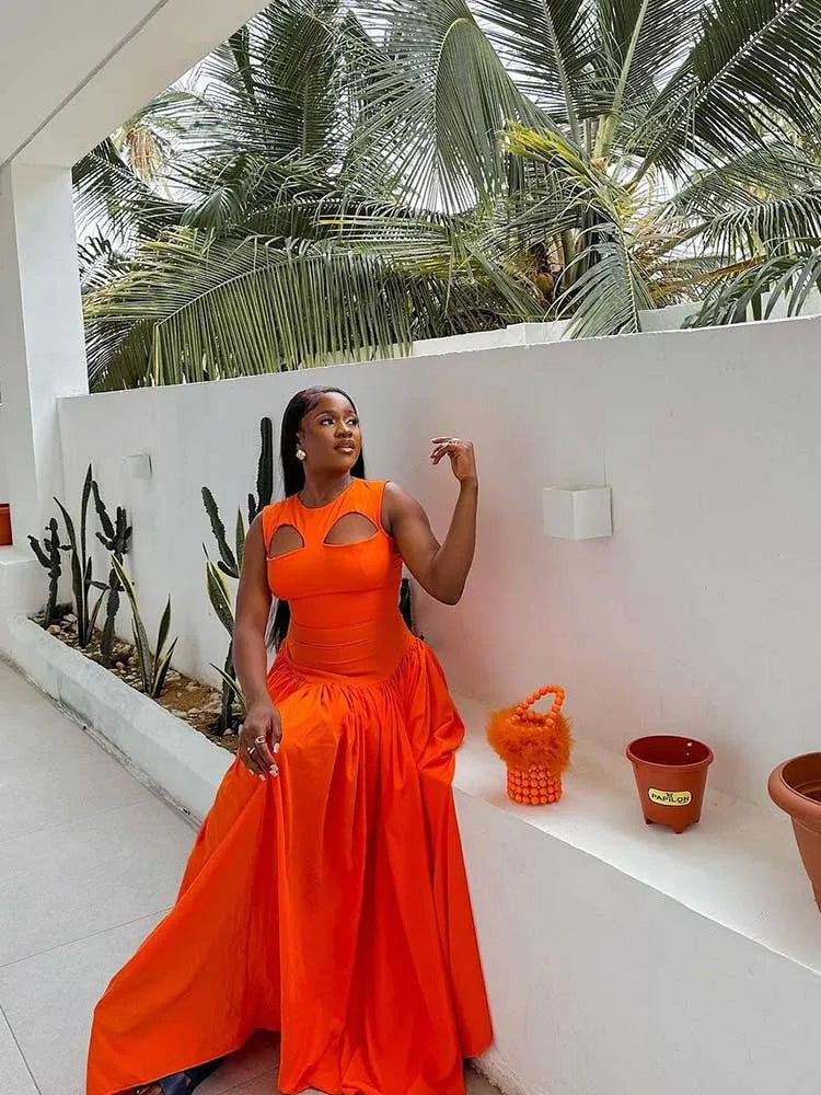 Women's Hollow Out Knitted Maxi Beautiful Orange Elegant Party Dress