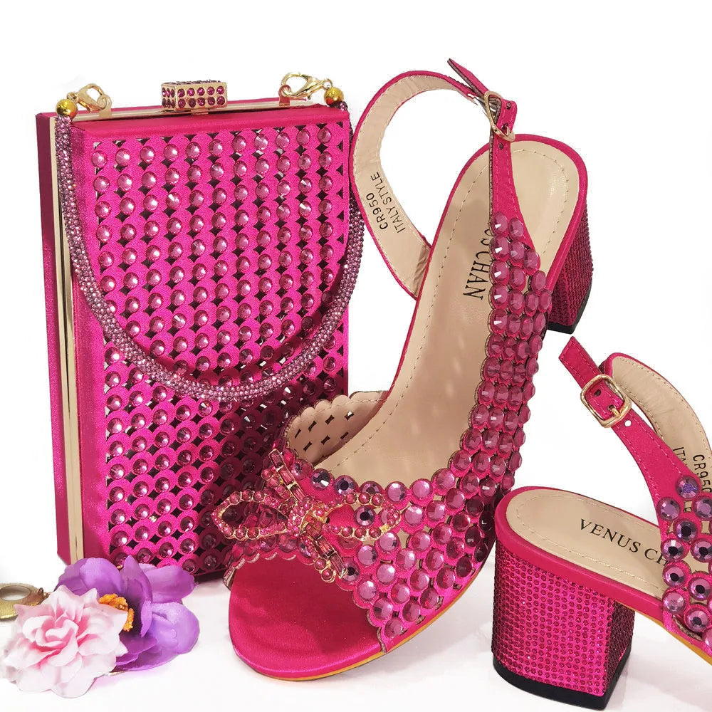 Italian Design Full Drill Elegant Wine Evening High Heels Wedding Party Shoes Matching Clutch Handbag