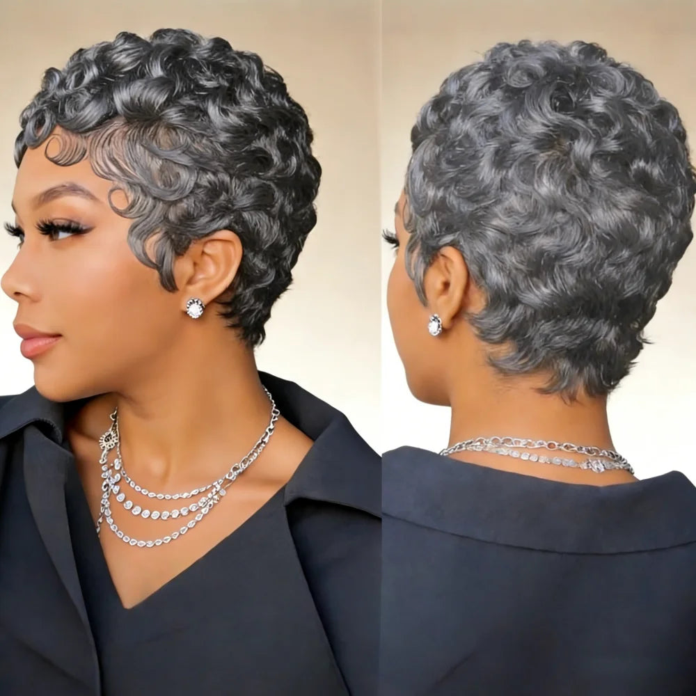 6-Inch Remy Human Hair Pixie Curly Wave Wig with Bangs | 150% Density Full Machine Made Wig, Easy To Wear for Daily Use & Partie