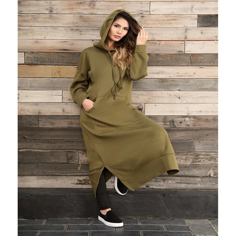 Women's Hoodie Midi Dress | Lace-Up Hem Casual Sweatshirt Long Dress | HotTrendyPicks