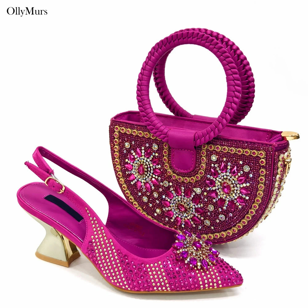 Italian Fashion Rhinestone Women Sanada Shoes And Bag Set Summer Style Woman Pumps Shoes And Bag Matching Set For Party
