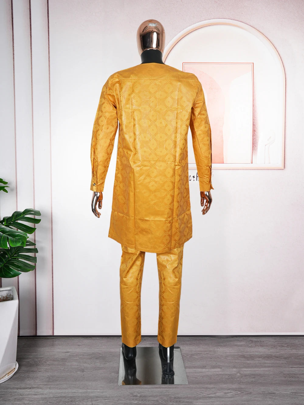 African Men Traditional Embroidery Bazin Riche Dashiki Yellow Shirt Pants 3PCS Bubu Dress Suit