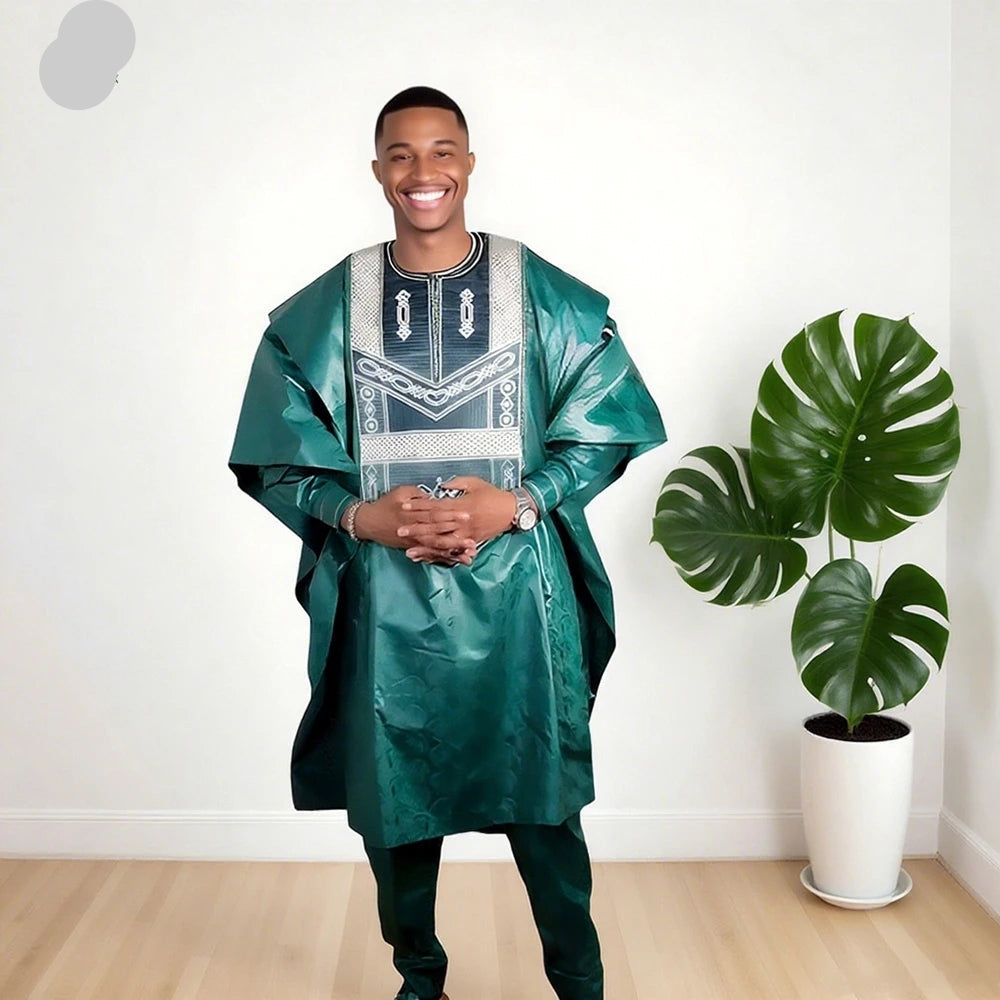 Men African Traditional Embroidery Wear Formal Attire Bazin Riche Dashiki Outfits Shirt Pants 3PCS Robe Suit African Ramadan