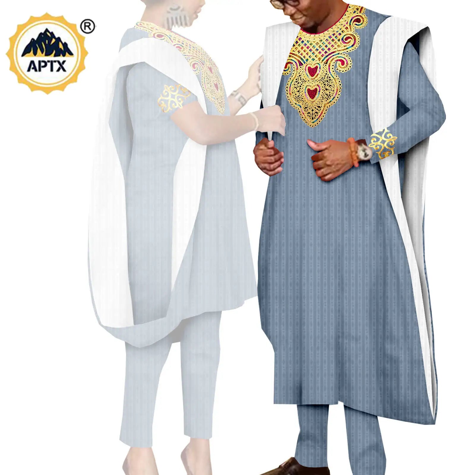 African 3 Pieces Suit for Men Matching Couple Outfits Agbada Dashiki Women Muslim Sets Bazin Riche Applique Robes Asoebi Y23C029