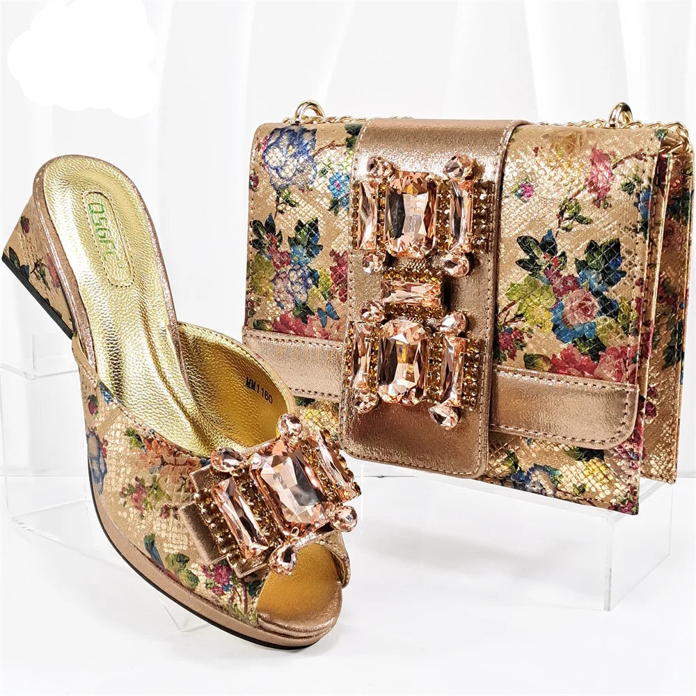 Italian New Arrivals Shoes and Bag Set in Green Color High Quality Specials Design Slipper with Crystal for Wedding Dress