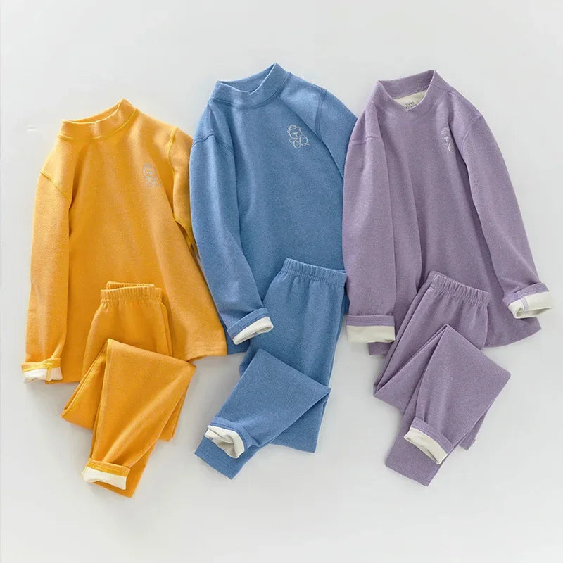 Boys Thermal Fleece Thermal Underwear 37°C Constant Temperature Warm Two-Piece Winter Pajamas Set Unisex Kids Long Johns for Ages 7-13