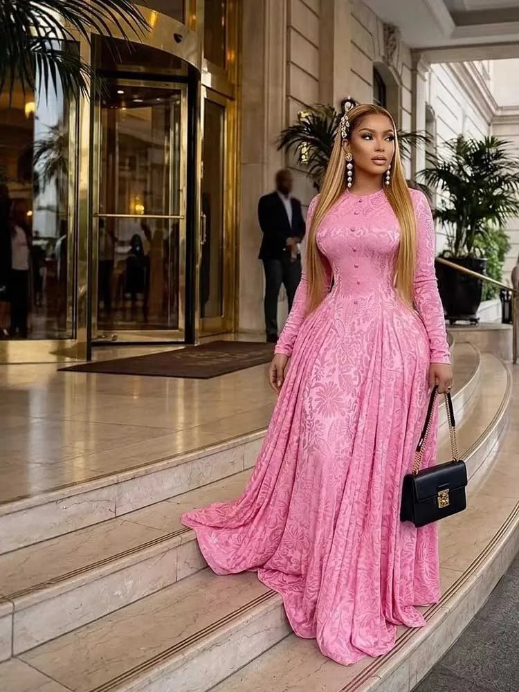 Elegant Luxury Women High Waist Slim Dress Long Sleeves Maxi Evening Dress