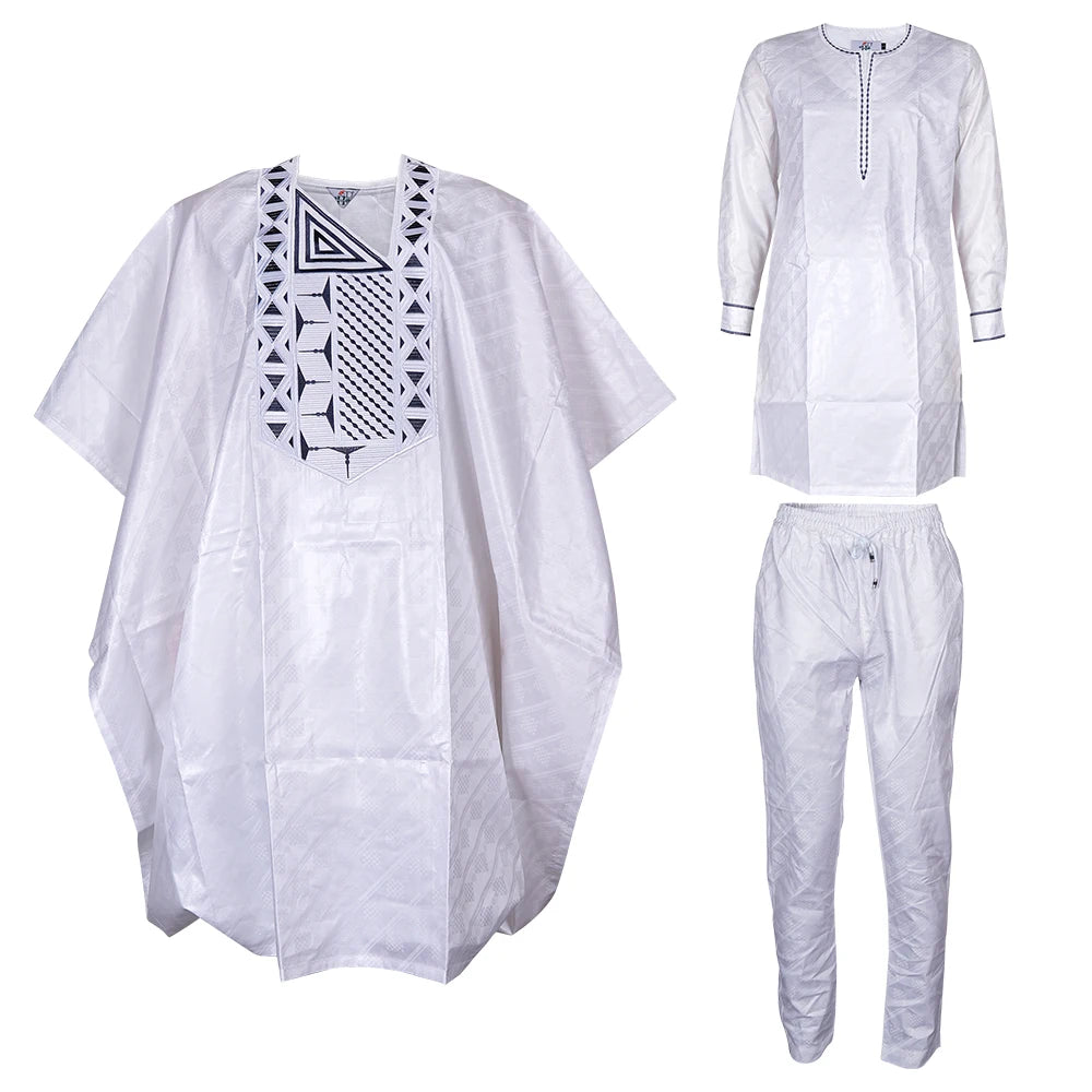 African Clothes for Men Traditional Rich Bazin Original Embroidery White Clothing Men 3 PCS Set Wedding Party Occasion 2024