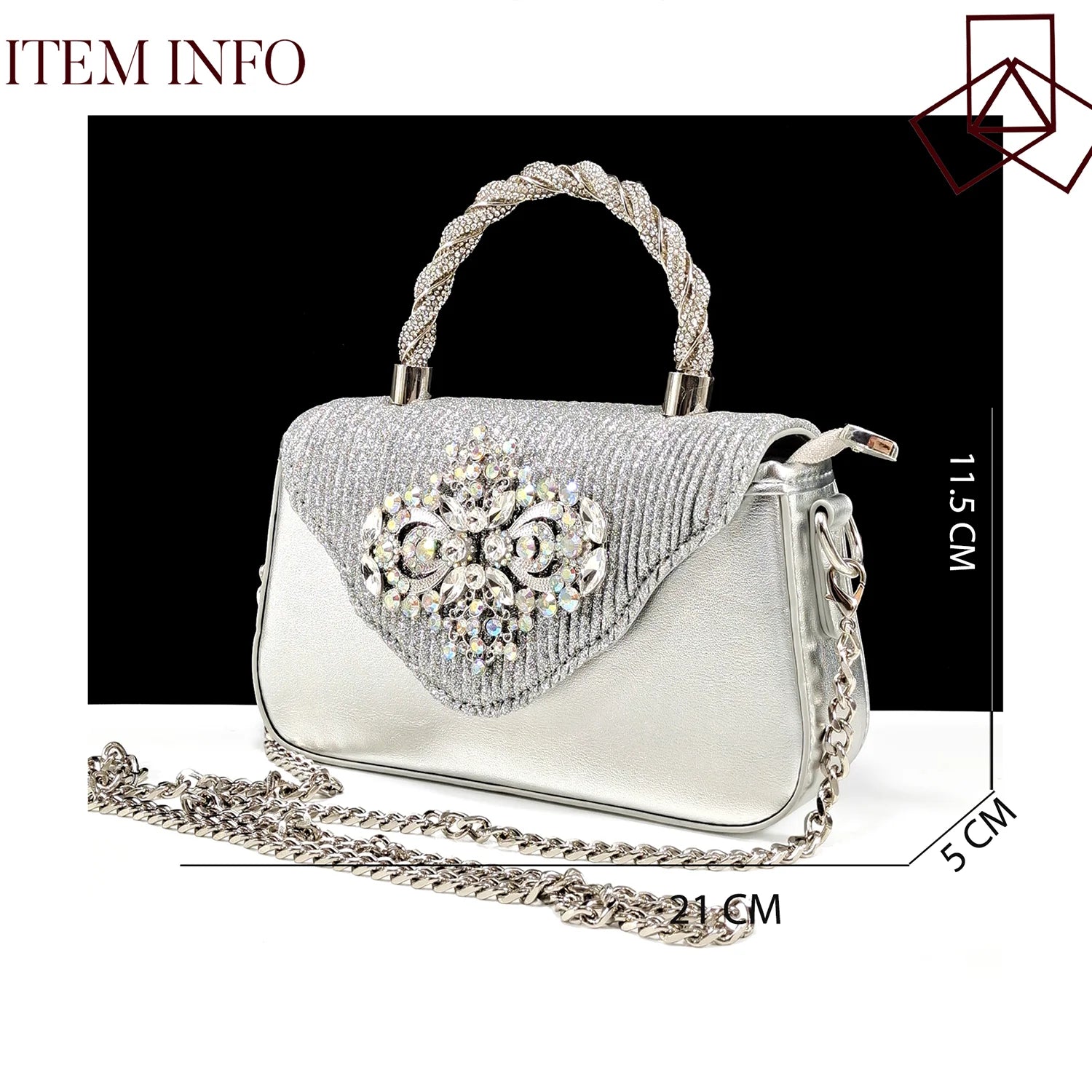 Italian Design Girly Style Silver Color Pointed Toe Wedding Shoes And Bag Full Diamond Decoration Handle Bag