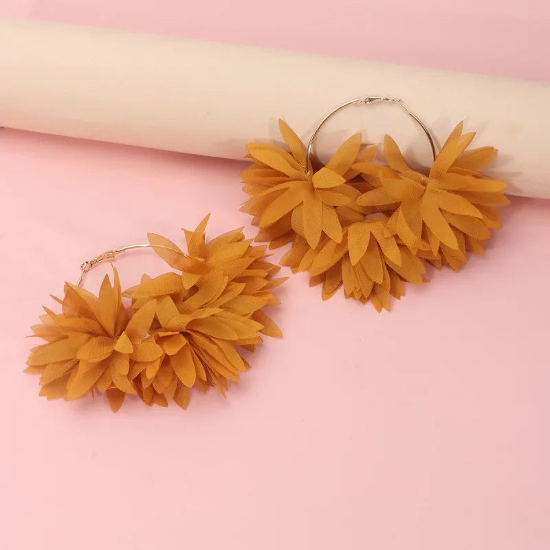 Fashion Orange Fabric Flower Hoop Earrings Women Party Accessories Elegant Bohemian Large Round Earrings SummerJewerlry Gift