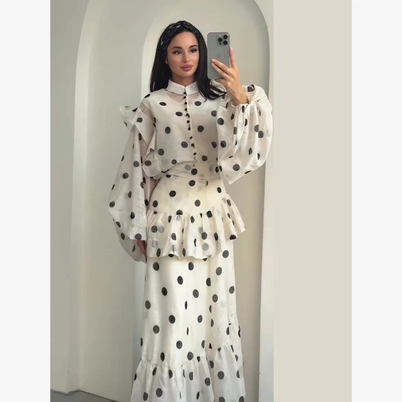 Polka Dot Skirt 2 Piece Set Women Casual High Collar Tie Full Sleeves Elastic High Waist Long Skirt Suit Lady Daily Outfit New