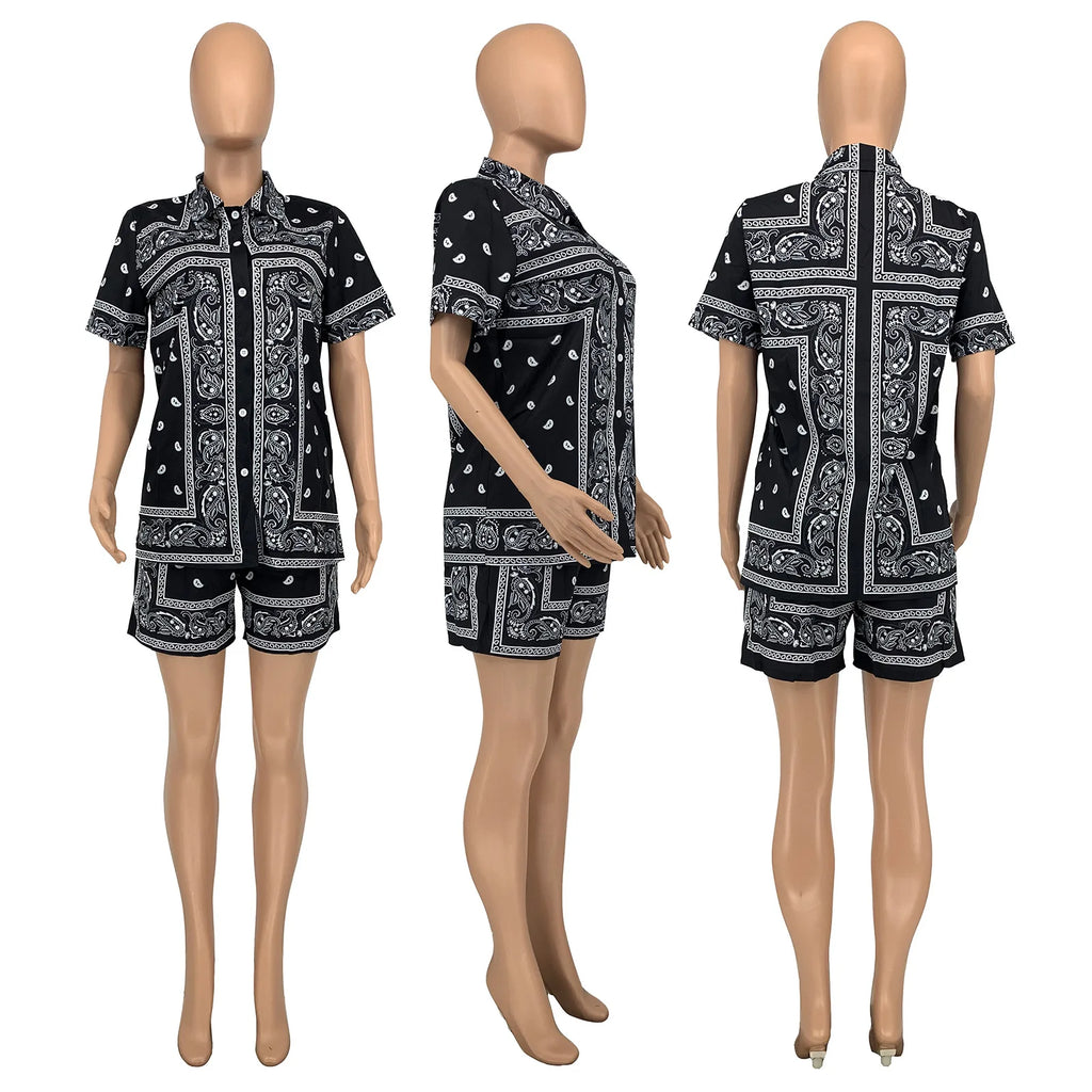 Fashion Paisley Bandana Print 2 Two Piece Sets Women Tracksuit Short Sleeve Shirt + Shorts Sets Female Outfits Matching